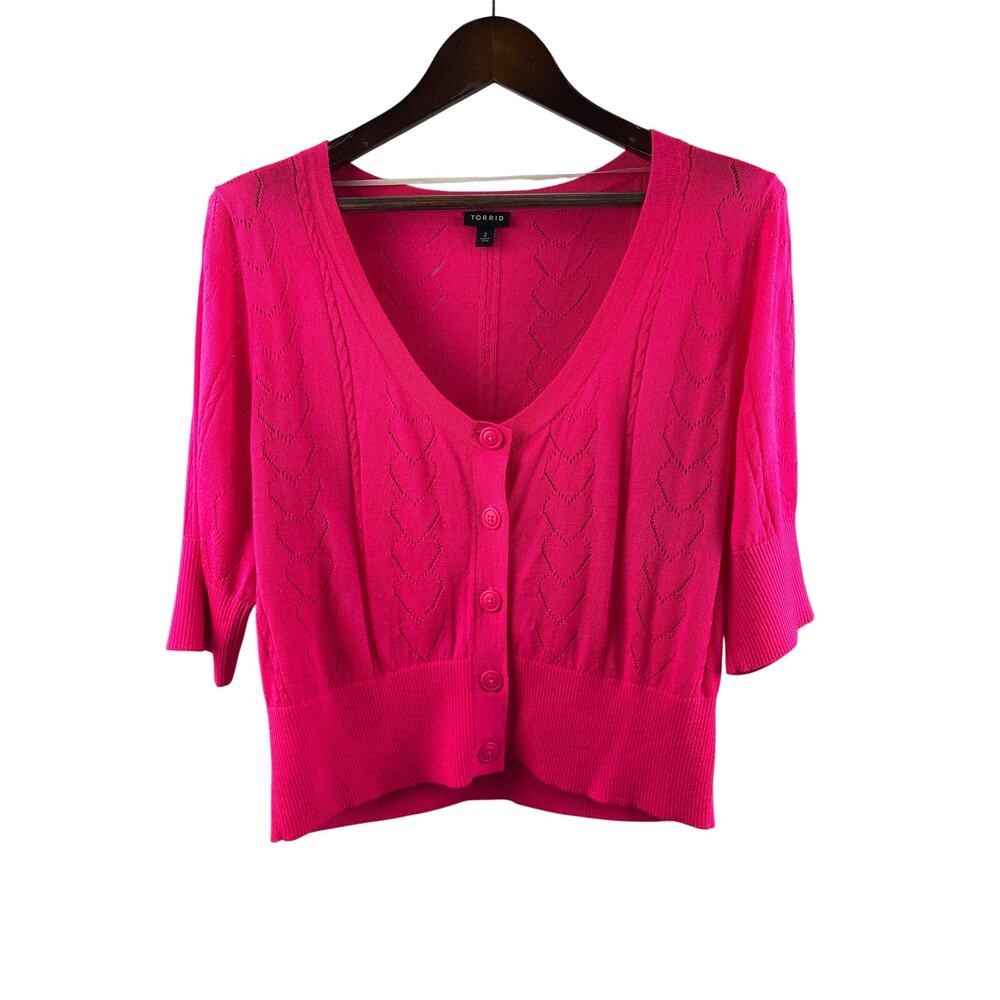 Women’s Torrid Size 2 Bright Neon Pink Short Sleeve Cardigan